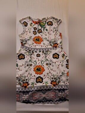 New York & Company White Floral Dress with Orange, Navy & Green Accents